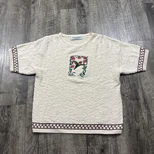 Vintage Chelsea Gardens Hummingbird Floral Short Sleeve Sweater Cottagecore USA